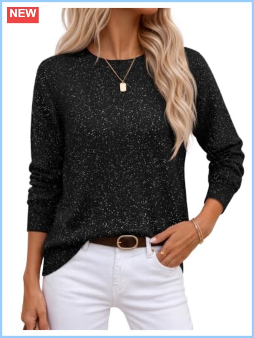 Women's Shimmery Metallic Knit Long Sleeve Crewneck Pullover Sweater Fall